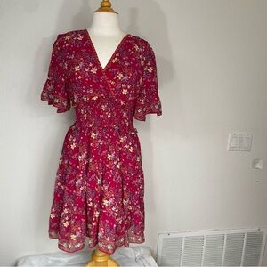 Max Studio Women's Raspberry Floral Smock Waist Flutter Sleeve Mini Dress Size L